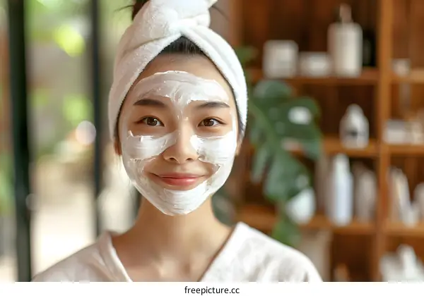 Smiling Woman With Facial Mask in Salon