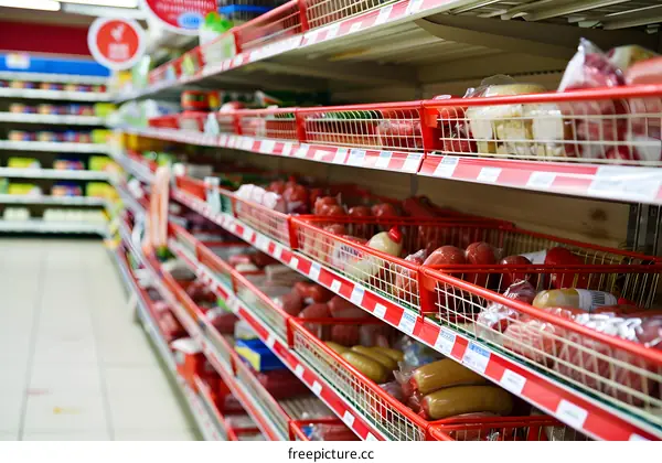 Grocery Store Shelves with Packed Food Products