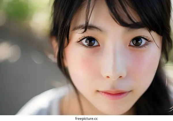 Close Up Portrait Of Young Asian Girl Looking At The Camera