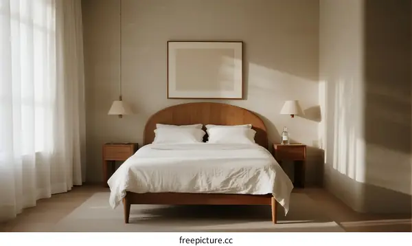 Elegant bedroom with wooden bed, white linen and soft natural light