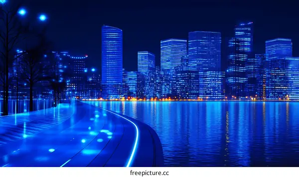 Night Cityscape with Blue Light Reflections