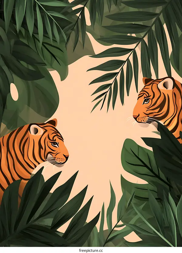 Two Tigers in Tropical Leaves Illustration