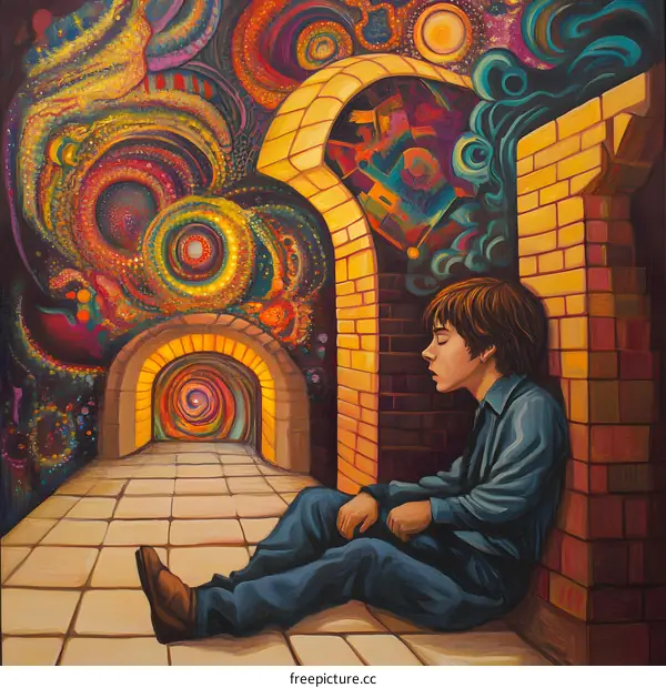 Surreal Painting of a Young Man Sitting in a Tunnel with a Colorful Galaxy Behind Him