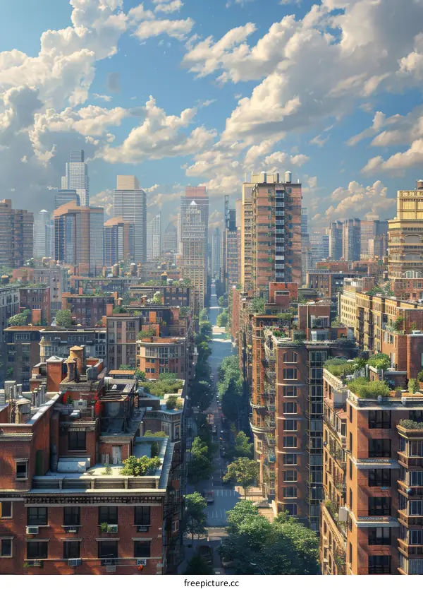 City Streetscape with Verdant Greenery and Towering High-Rises