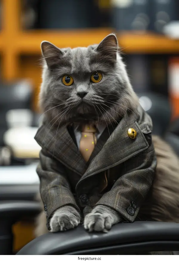 A gray cat wearing a suit and tie is sitting on a desk and looking at the camera.