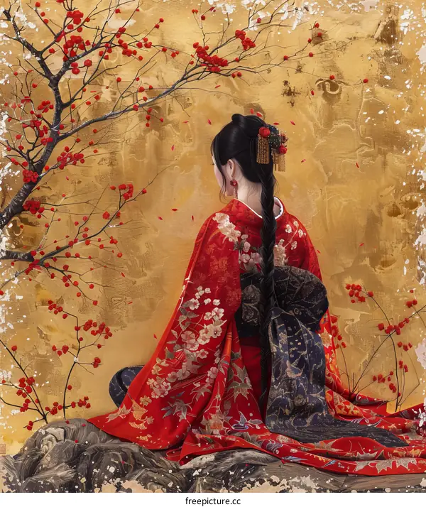 A woman in a red kimono sits under a cherry blossom tree