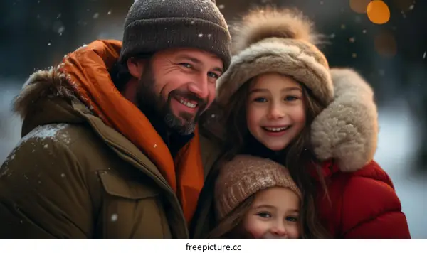 Father and daughters wearing winter clothes and smiling