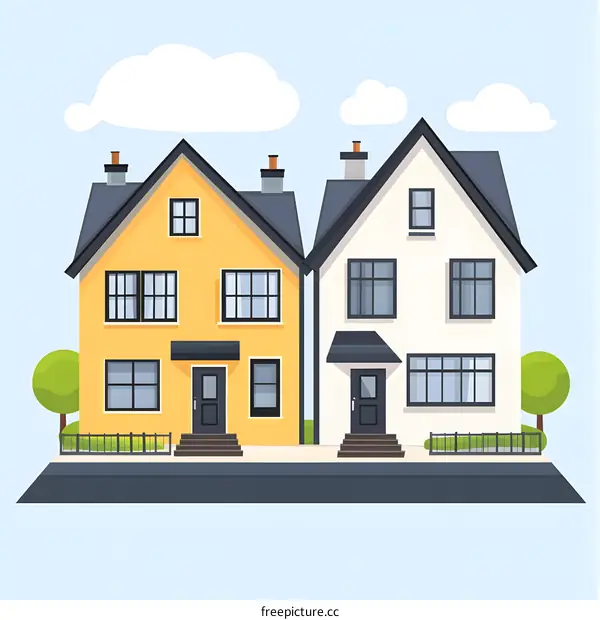 Cartoon Illustration Of Two Houses In A Row