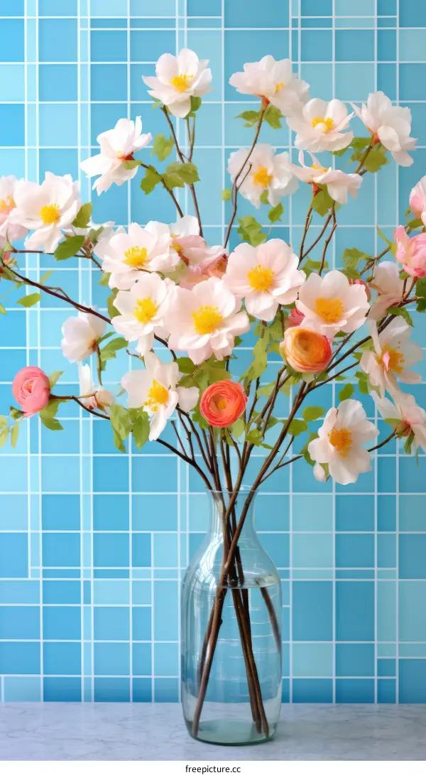 Bright Bouquet of Flowers in Blue Vase