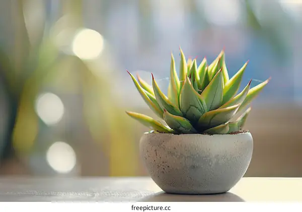 Beautiful agave attenuata in a cement pot on a table with a blurred background