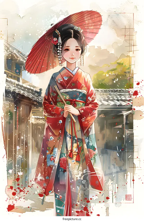 A beautiful Japanese woman in a red kimono holding an umbrella.