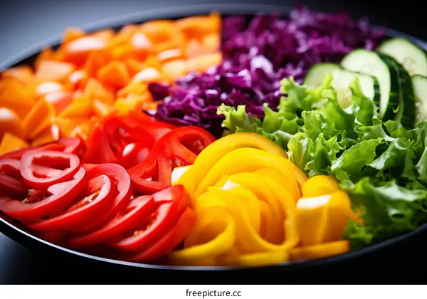 Various colorful vegetables and salad ingredients