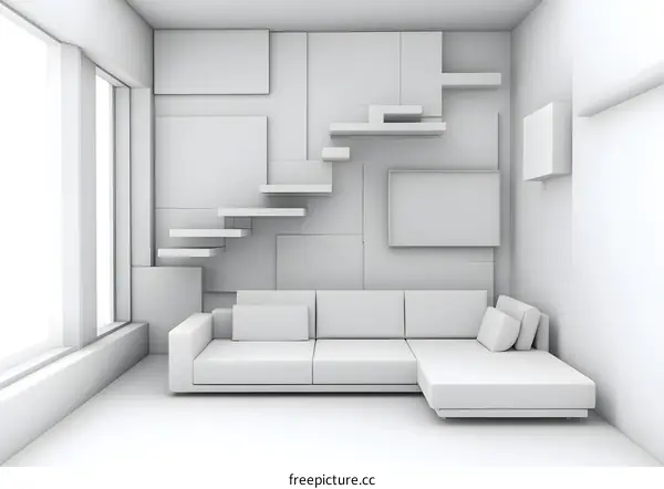 Modern Minimalist White Interior Design with Floating Shelves and Sofa