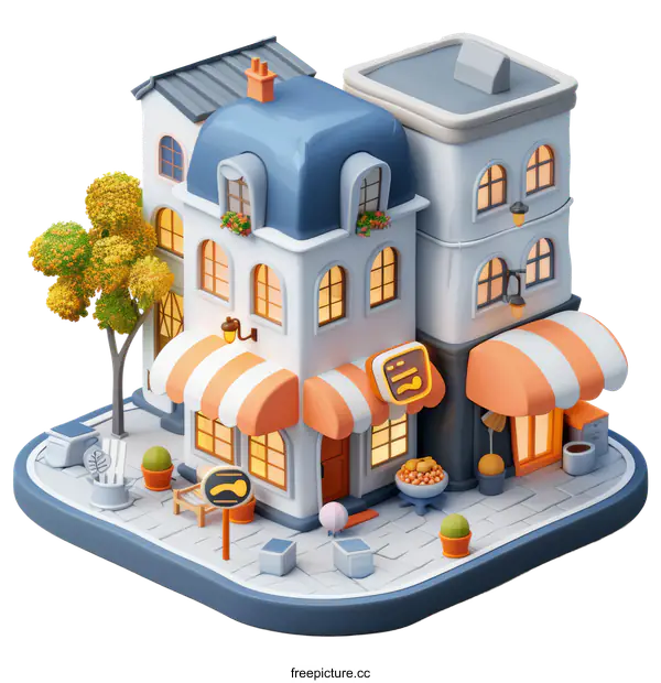 [Transparent Background PNG]3D illustration of two adjacent buildings with autumn tree