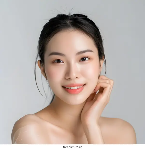 Portrait of a Smiling Asian Woman with Clear Skin