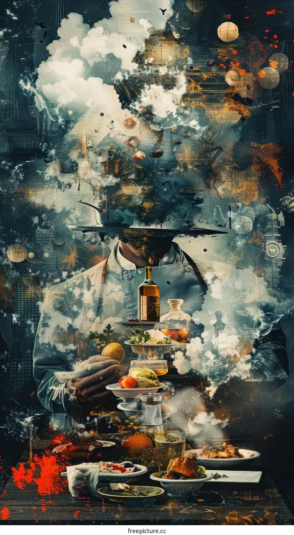 Surreal painting of a chef with a cityscape in his head