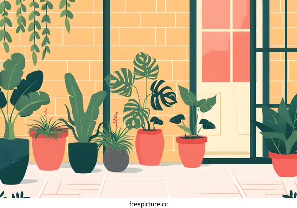 Illustrated Green Plants On Patio With Brick Wall