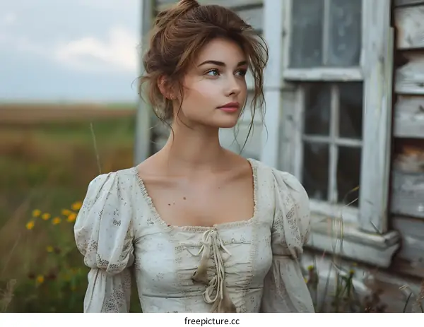 portrait of a beautiful young woman in a white dress standing in front of an old wooden house