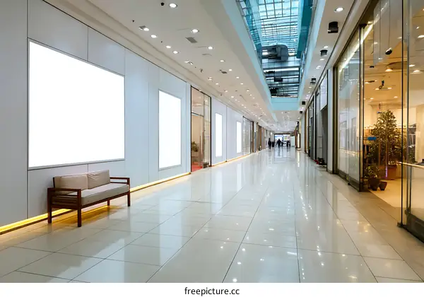 Modern Shopping Mall Interior with Blank Advertisement Boards