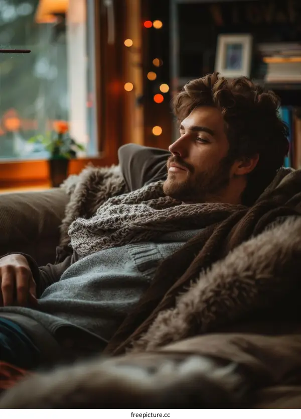 A pensive young man sits on a couch and looks out the window