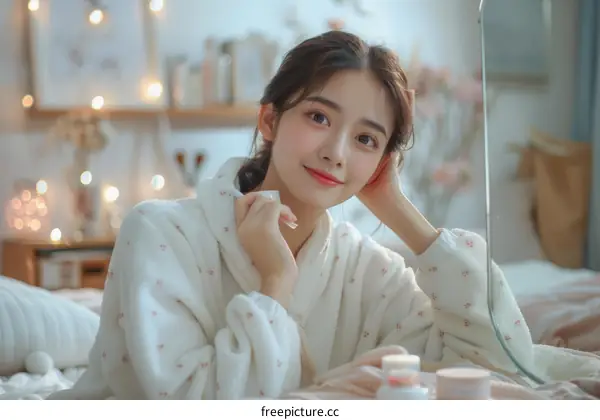 A young woman is sitting on a bed and smiling at the camera.