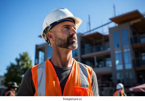 Construction worker wearing hard hat and safety vest looking at building under construction