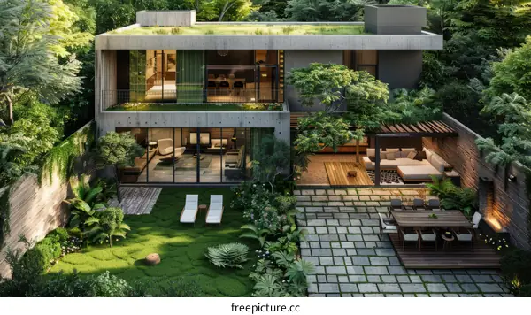 Modern Minimalist Home Design with Green Roof and Garden