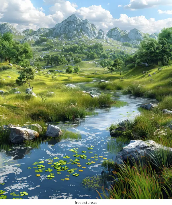 A river meanders through a peaceful valley