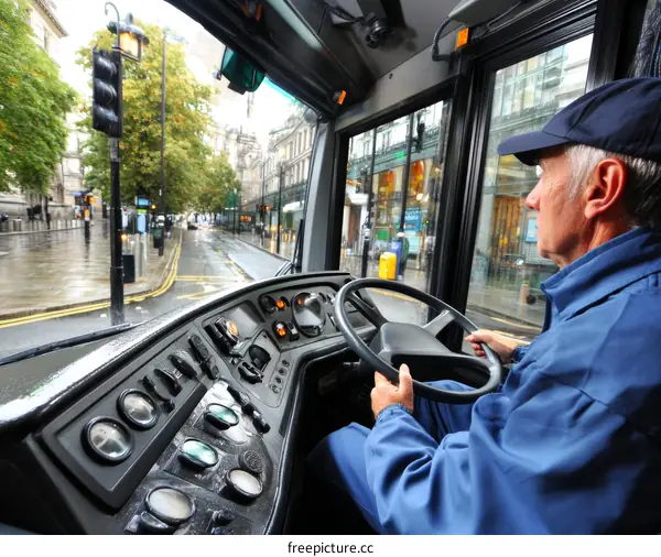 City Bus Driver Navigating a Rainy Day