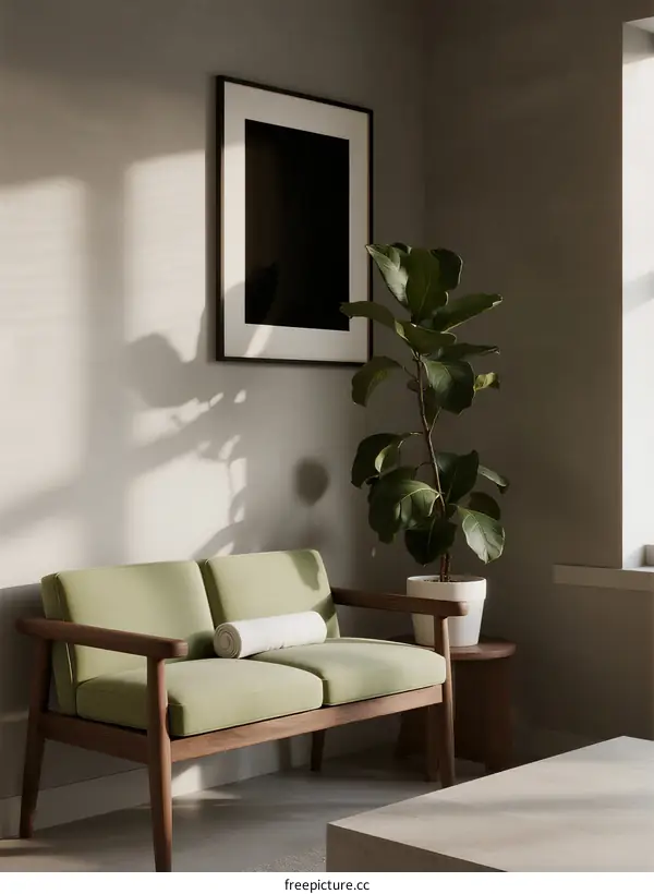 Minimalist Green Sofa with Wooden Frame in Modern Living Room