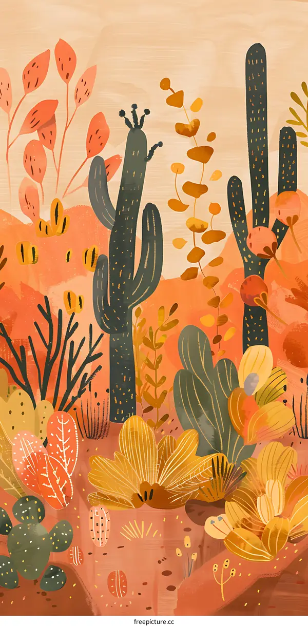 Desert Landscape with Cactus and Flowers Illustration