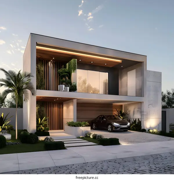 Modern Concrete House with Green Plants and Car in Front