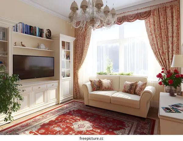 Living Room Interior Design With White Sofa and Chandelier