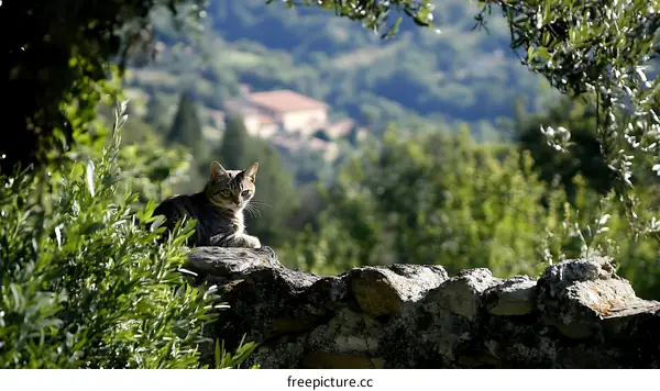 A tabby cat resting on a stone wall overlooking a landscape