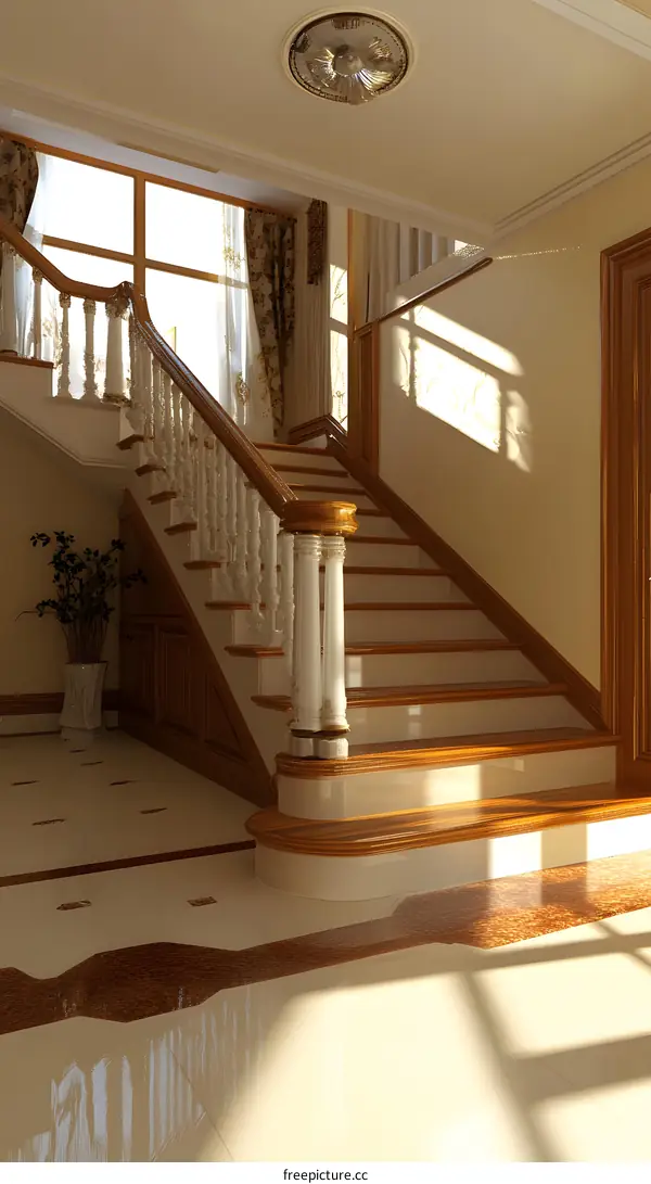 Staircase Interior Design With Wooden Handrails And White Balusters