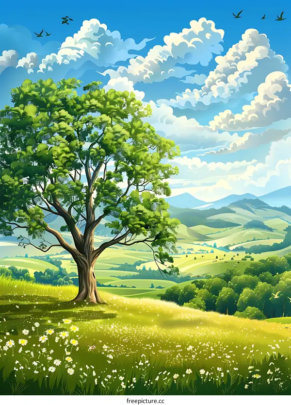 Summer Meadow Landscape With Big Green Tree