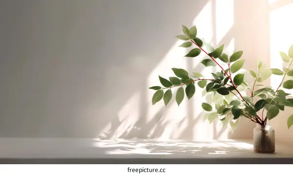 Sunlight Illuminating Greenery on a Light Gray Surface