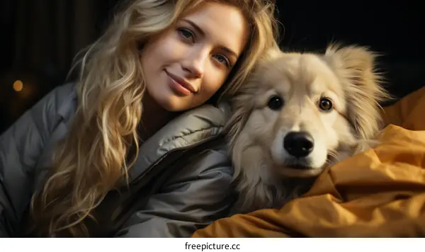 Portrait of a young blonde woman with a dog