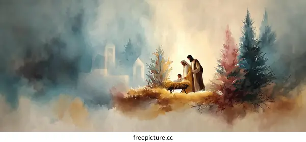 Holy Family at the Nativity Scene Illustration