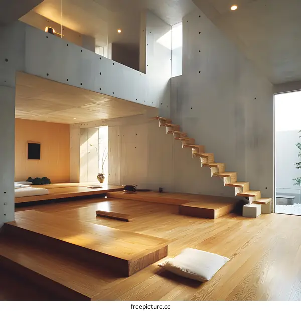 Modern Minimalist Home Interior with Concrete Walls and Wooden Flooring