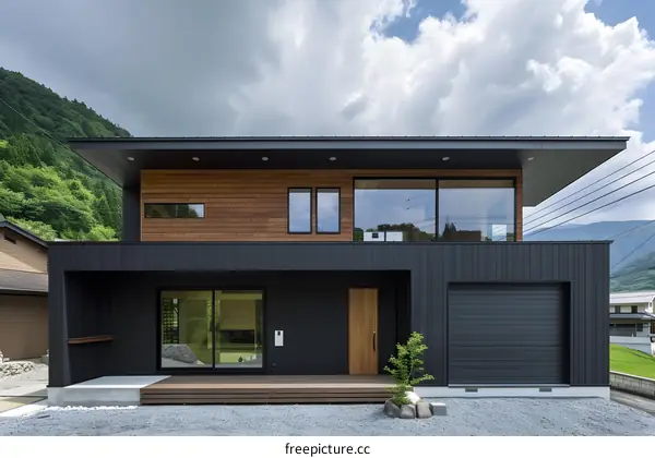 Modern Black and Wood House with Mountain View