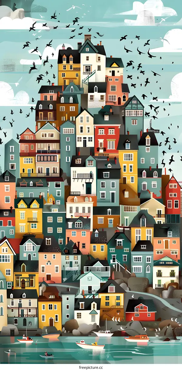 Colorful Houses and Birds Illustration