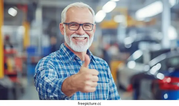 Smiling Caucasian Man Giving Thumbs Up in a Factory