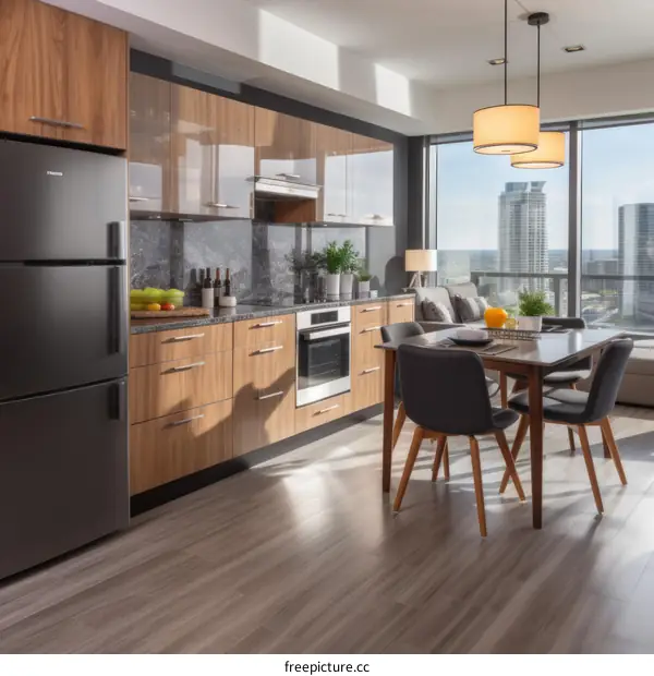 Walnut cabinets in a modern kitchen with a view of the city