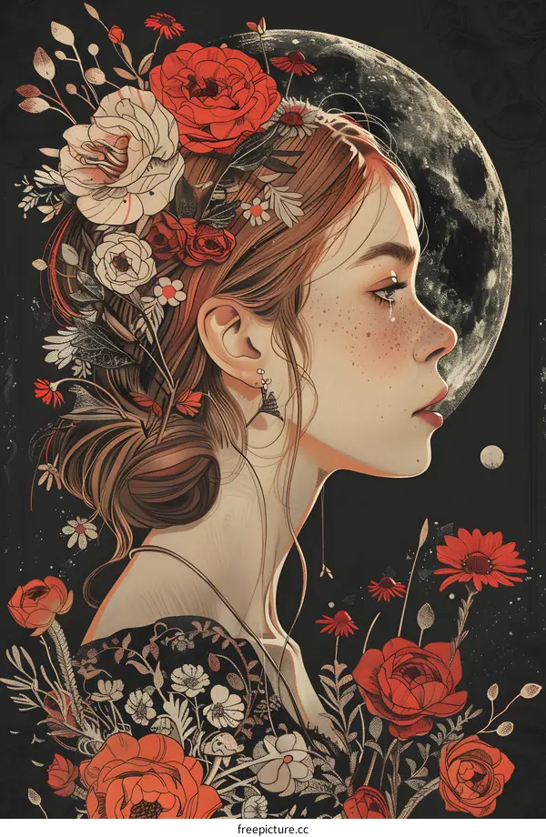 girl with flower head and moon