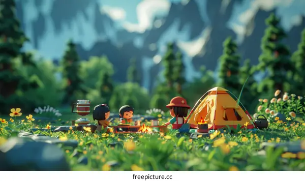 Three friends camping in the mountains