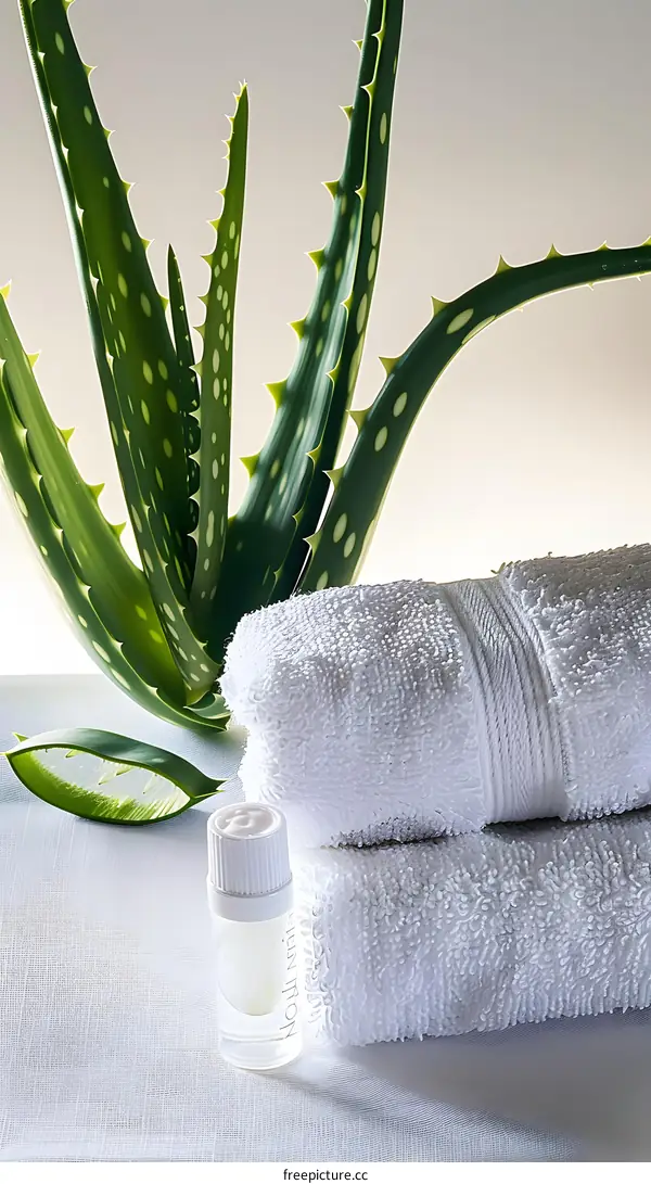 Aloe Vera Plant, White Towels, and Essential Oil Bottle