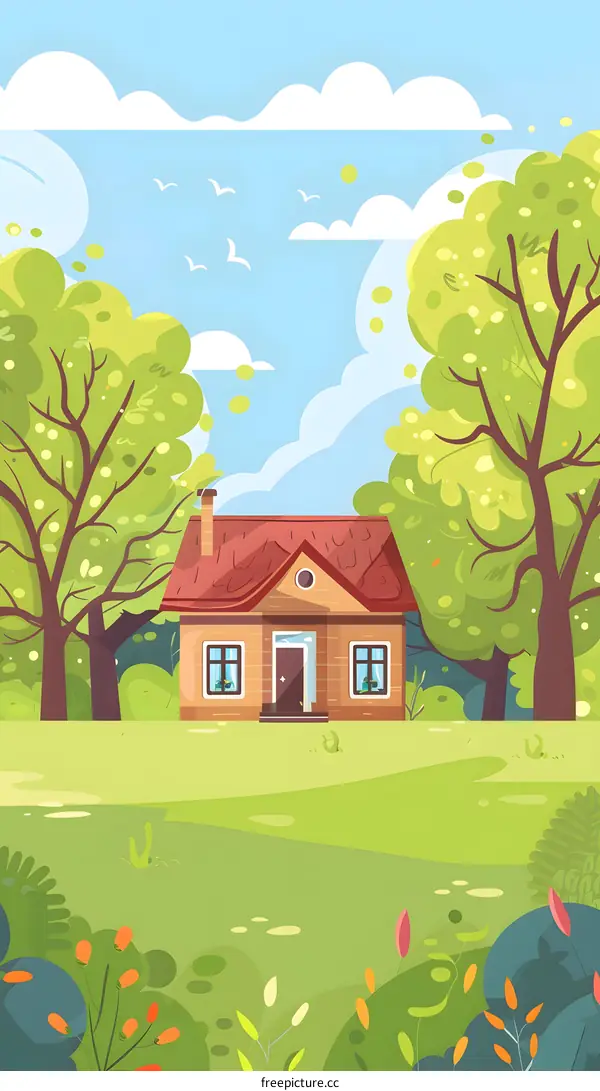 Cartoon Illustration of a Small Brick House with Green Trees and a Blue Sky