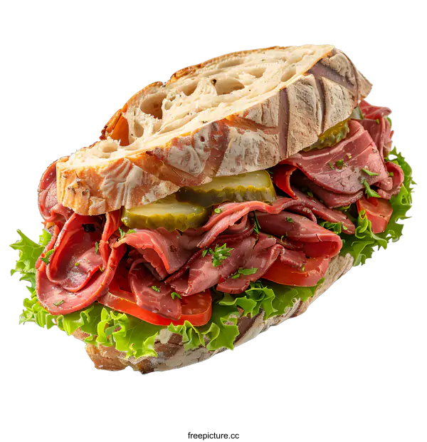 [Transparent Background PNG]Delicious Pastrami Sandwich on White Background