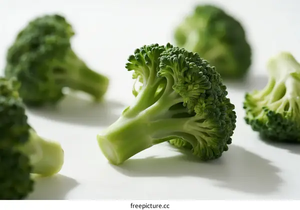 Fresh green broccoli florets arranged on white background